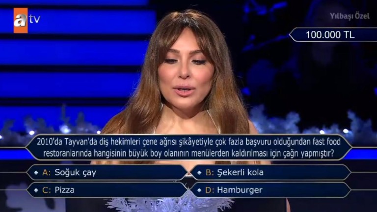 2010'da Tayvan'da Diş Hekimleri Çene Ağrısı Şikayetiyle Çok Fazla Başvuru Olduğundan Fast Food Restoranlarında Hangisinin Büyük Boy Olanının Menülerden Kaldırılması İçin Çağrı Yapmıştır? Milyoner'de 100 Bin TL'lik Hamburger Sürprizi!