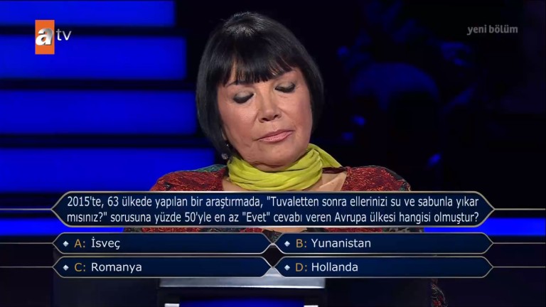 2015'Te, 63 Ülkede Yapılan Bir Araştırmada, 'Tuvaletten Sonra Ellerinizi Su Ve Sabunla Yıkar Mısınız?' Sorusuna Yüzde 50 İle En Az 'Evet' Cevabı Veren Avrupa Ülkesi Hangisi Olmuştur? Kim Mİlyoner Sorusu